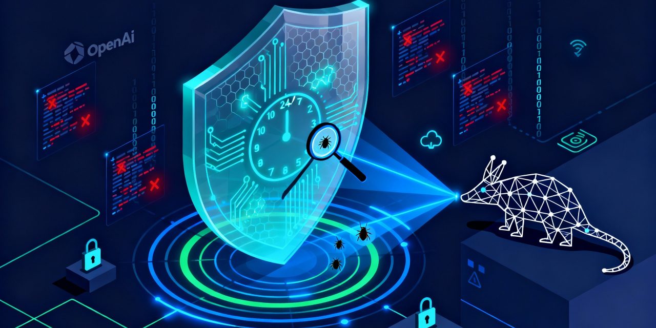 A sleek modern tech security illustration on a deep navy blue background featuring a large translucent holographic shield in the center with glowing cyan circuit patterns and hexagonal grid overlay, surrounded by floating code snippets with red vulnerability markers being scanned by bright blue laser beams, a stylized minimalist aardvark silhouette made of geometric lines and dots acting as a digital scanner with a magnifying glass beam highlighting bugs in code, circular radar waves emanating outward in electric blue and green, small lock icons and security symbols floating around the composition, a subtle 24/7 clock element integrated into the shield design with glowing numbers, binary code streams flowing in the background, the OpenAI logo subtly placed in corner, clean geometric shapes and lines connecting different elements, professional corporate tech aesthetic with neon accents, high contrast lighting with glowing edges, isometric perspective elements mixed with flat design, suggesting continuous autonomous monitoring and protection, ultra-detailed digital art style, sharp and crisp rendering