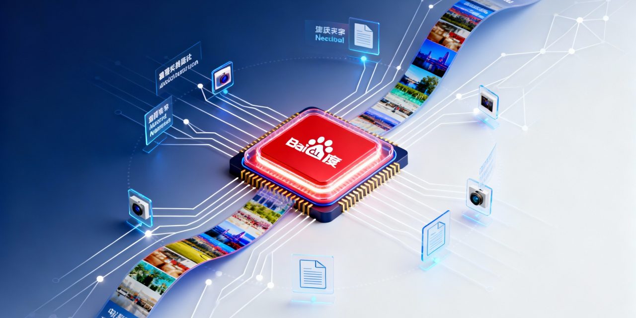 A sleek modern tech illustration showing a compact glowing neural processor core in Baidu red at the center, with flowing streams of colorful image thumbnails and floating text characters in Chinese and English converging into the core from multiple directions, geometric neural network nodes and connection lines radiating outward in white and light blue, small photography icons and document symbols orbiting the central element, clean gradient background transitioning from deep blue to white, minimalist composition with strong depth and layering, photorealistic 3D rendered style with soft lighting and subtle glow effects, professional tech aesthetic with floating holographic interface elements, compact chip-like structure emphasized at the focal point, dynamic sense of data fusion and processing, ultra-detailed high-resolution finish with corporate color palette of red, blue, white and subtle gold accents, no text or typography visible.