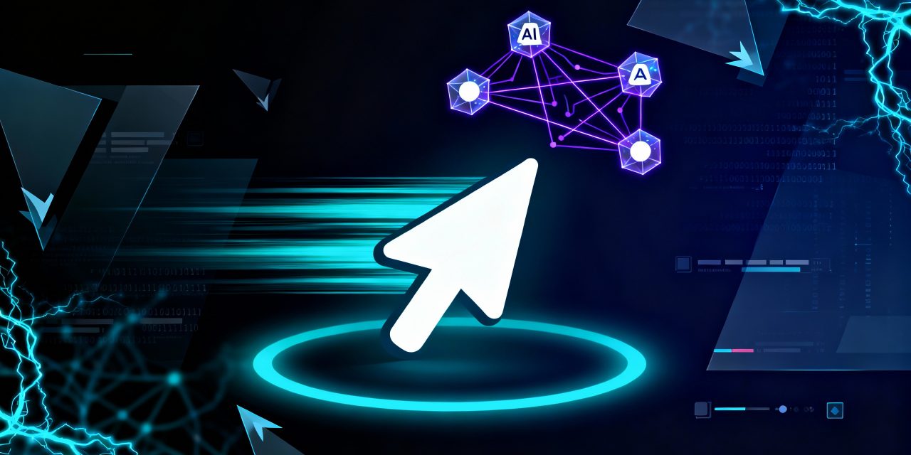 A sleek modern tech cover with a dark navy blue to black gradient background, featuring a large stylized white cursor pointer icon in the center that appears to be moving at high speed with dynamic motion blur trails and glowing cyan light streaks behind it, surrounded by four geometric floating holographic AI agent nodes connected by thin luminous purple circuit lines forming a network pattern, abstract code snippets and binary numbers subtly integrated into the background creating a matrix-like texture, electric blue and cyan glowing neural network patterns weaving through the composition, sharp angular geometric shapes suggesting speed and efficiency with forward-pointing arrows, minimalist clean design with high contrast between dark background and bright neon accents, futuristic digital interface aesthetic with floating UI elements and progress indicators, depth created through layered translucent panels, professional tech startup visual language, photorealistic rendering with strong rim lighting on the cursor creating a halo effect, sense of revolutionary innovation and computational power, ultra-detailed with sharp focus on central elements fading to atmospheric depth in background.
