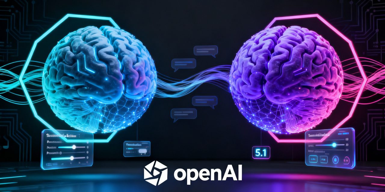 A sleek modern tech cover featuring a split composition with two distinct glowing AI brain-like neural network spheres side by side, one in electric blue and one in vibrant purple gradient, connected by flowing data streams and geometric lines, floating above a dark minimalist background with subtle circuit board patterns, the OpenAI logo prominently displayed in the lower third, surrounded by floating holographic interface elements showing customization sliders and personality adjustment controls, abstract conversation bubbles morphing into each other between the two spheres, sharp lighting with neon accents creating depth, ultra-clean professional design with strong symmetry, futuristic gradient overlays in cyan and magenta, geometric hexagonal frames around each sphere suggesting upgrade and evolution, small version number 5.1 integrated subtly into the design as glowing digits, high-tech atmosphere with depth of field effect, photorealistic rendering with smooth gradients and sharp details, minimalist color palette dominated by blues purples and blacks with white accents, suggesting intelligence advancement and dual-model architecture.