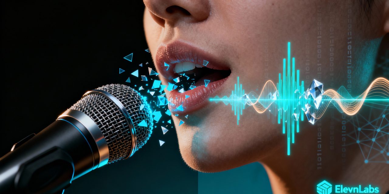 Extreme close-up photorealistic shot of human lips speaking into a professional studio microphone, with the lower half of the face visible, dramatic side lighting creating strong contrast and rim light effect, the lips and sound waves emanating from the mouth are partially fragmenting into luminous teal and blue digital particles and geometric data streams, half of the composition shows organic human texture while the other half dissolves into sleek technological elements, floating holographic sound waveforms transition from warm analog curves to sharp crystalline digital frequencies, small ElevenLabs logo subtly integrated as a glowing watermark in the corner, dark gradient background shifting from deep black to corporate blue-gray, tiny binary code and AI neural network patterns barely visible in the shadows, the microphone has a premium metallic finish with subtle reflections, overall mood is sophisticated yet slightly ominous suggesting both innovation and the unsettling power of synthetic voice technology, ultra-high resolution with sharp focus on the lips and soft bokeh on background elements, color palette limited to blacks, teals, blues and skin tones with occasional bright cyan highlights on the digital fragments, composition creates tension between human authenticity and artificial replication