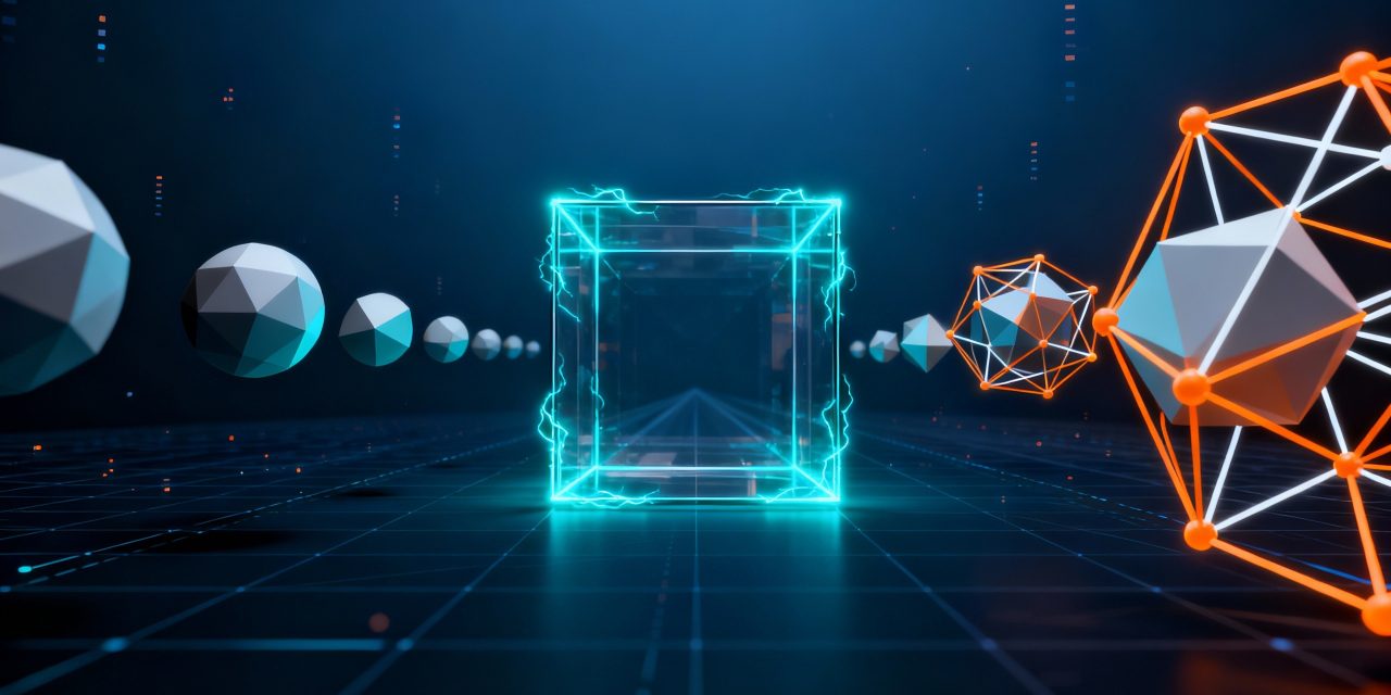 A striking minimalist composition showing the concept of spatial intelligence in artificial intelligence, featuring a central transparent wireframe cube with glowing edges in electric cyan, surrounded by floating geometric shapes including spheres and polyhedrons in various stages of materialization from flat 2D silhouettes on the left transforming into fully rendered 3D objects on the right, interconnected by delicate neural network lines and nodes in bright orange and white, set against a deep navy blue gradient background with subtle grid patterns suggesting coordinate systems and depth perception, small floating data points and particles creating a sense of computational processing, dramatic perspective with vanishing points emphasizing three-dimensional space, clean modern tech aesthetic with glass-like transparency effects, volumetric lighting creating depth layers, professional scientific visualization style with bold contrast between the glowing geometric elements and dark background, suggesting the breakthrough moment of AI understanding physical reality and spatial relationships, ultra-detailed rendering with sharp edges and smooth gradients, conveying innovation and the future of artificial intelligence through pure visual geometry.