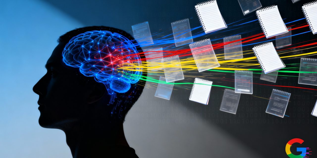 A sleek, modern composition showing a human silhouette in profile, their head transforming into a digital neural network made of floating notebook pages and data streams in Google's signature colors (blue, red, yellow, green). The pages appear to be rapidly flowing into/through the brain, creating a sense of high-speed processing. Low-angle dramatic lighting casting ominous shadows, with some pages appearing transparent and others solid. The Google 'G' logo subtly visible in the corner, slightly glitched. The background features a clean, gradient from dark blue to deep gray, with faint binary code patterns. Hyperrealistic rendering, dramatic lighting, corporate aesthetic, high contrast, ultra-detailed, 8K quality.
