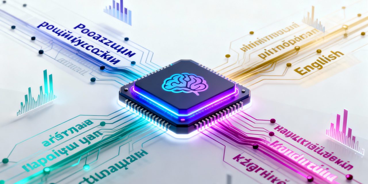A sleek modern composition featuring a stylized geometric AI brain or neural processor chip at the center, with multiple streams of text and language symbols flowing into it from different directions, each stream representing a different language with small flag elements or distinctive alphabetic characters (Cyrillic for Polish, Latin for English and Dutch, various other scripts), the Polish language stream glowing brightest with electric blue and vibrant purple energy indicating strongest performance while the English stream appears dimmer or less connected, other language streams in varying intensities of cyan, magenta and amber creating a performance hierarchy, clean minimalist background in soft gradient from white to light gray, geometric connection lines and nodes suggesting neural pathways with varying thickness to show data strength, floating abstract data visualization elements like subtle bar charts or signal waves integrated organically into the composition, ultra-modern tech aesthetic with sharp vector-style graphics, professional color-graded lighting with rim lights on the central processor, shallow depth of field effect keeping focus on the central AI element, photorealistic rendering with clean edges, 8K quality, editorial tech magazine cover style, bold visual hierarchy that immediately communicates language performance comparison without text.