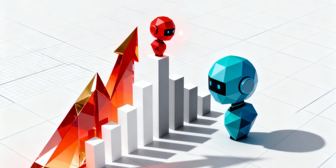 A bold minimalist tech competition scene featuring two abstract geometric AI representations facing each other in a confrontational stance, left side shows a sleek red and gold angular crystalline structure with sharp upward-pointing edges symbolizing rising Chinese innovation, right side displays a blue-teal rounded corporate geometric form appearing slightly tilted or destabilized, between them a series of ascending bar chart columns in white and gray clearly showing the red structure's bars towering over the blue structure's bars, the red AI form is positioned slightly higher and more prominent with a subtle glow effect, clean white background with minimal geometric grid lines suggesting data and benchmarks, professional tech industry aesthetic with sharp shadows cast by both forms, the composition uses dramatic perspective with the red structure in a victorious forward-leaning position while the blue structure appears defensive, color palette limited to bold red-orange gradients, cool blue-teal tones, and crisp white-gray neutrals, ultra-modern flat design with subtle depth through layered geometric shapes, no text or letters visible, the overall mood conveys technological disruption and competitive superiority through pure visual hierarchy and symbolic positioning.