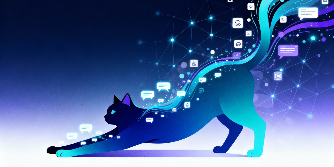 A sleek, minimalist composition featuring an extremely elongated, stylized cat silhouette stretching vertically across the frame in gradient shades of deep blue and electric teal, surrounded by flowing streams of glowing chat bubbles and message icons in various sizes cascading around the cat's body, abstract data particles and geometric nodes connected by thin luminous lines creating a network pattern in the background, modern tech aesthetic with a color palette of midnight blue, cyan, purple accents and white highlights, clean vector-style illustration with smooth gradients, the cat's tail extending upward transforming into flowing digital streams and conversation threads, floating interface elements and minimalist icons suggesting AI and communication scattered throughout, professional yet approachable design with a sense of infinite vertical extension, depth created through layered translucent shapes, contemporary digital art style with sharp clean edges and soft glowing effects, dynamic composition suggesting continuous flow and massive scale