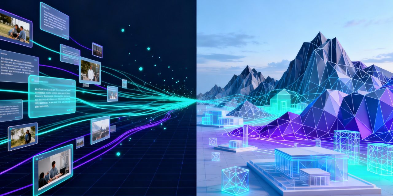 A striking split-screen composition showing the transformation from flat media to three-dimensional space, with the left side featuring floating translucent screens displaying text snippets, photograph frames, and video thumbnails in a scattered arrangement, connected by glowing cyan and purple data streams that flow toward the right side where they materialize into a stunning wireframe 3D landscape with geometric mountains, polygonal structures, and architectural elements rendered in luminous blue and violet gradients, the entire scene set against a deep navy background with subtle grid patterns suggesting digital space, small glowing particles and light trails connecting both halves to emphasize the AI transformation process, the 3D elements feature clean edges with slight transparency showing internal geometric frameworks, depth is created through layered elements with atmospheric perspective using lighter blues in the distance, accent lighting in bright cyan highlights key transformation points, the overall aesthetic is sleek and futuristic with a professional tech-forward feel, ultra-detailed rendering with sharp focus on the geometric structures, modern digital art style with emphasis on clean lines and dimensional depth, the composition creates a clear visual narrative from two-dimensional input on the left flowing into fully realized three-dimensional output on the right