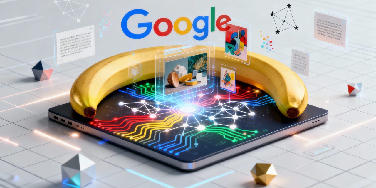 A sleek modern tech cover featuring a stylized digital canvas in the center with vibrant images materializing from glowing neural network patterns, Google's signature colors of blue red yellow and green flowing as gradient streams connecting abstract nodes and circuits, a playful curved banana silhouette integrated as a golden arc framing the composition, holographic AI-generated artwork emerging from a central point showing photorealistic renders and creative designs, floating geometric shapes and data particles, twin star constellation subtly embedded in the background representing Gemini, crisp perfect typography samples floating in the space demonstrating text rendering capabilities, clean minimalist white and light gray background with subtle grid patterns, professional tech aesthetic with playful creative energy, ultra-detailed 3D rendered style with depth and dimension, dynamic lighting with soft glows and highlights, futuristic interface elements, no text labels, composition suggesting powerful creative AI technology that's both sophisticated and accessible