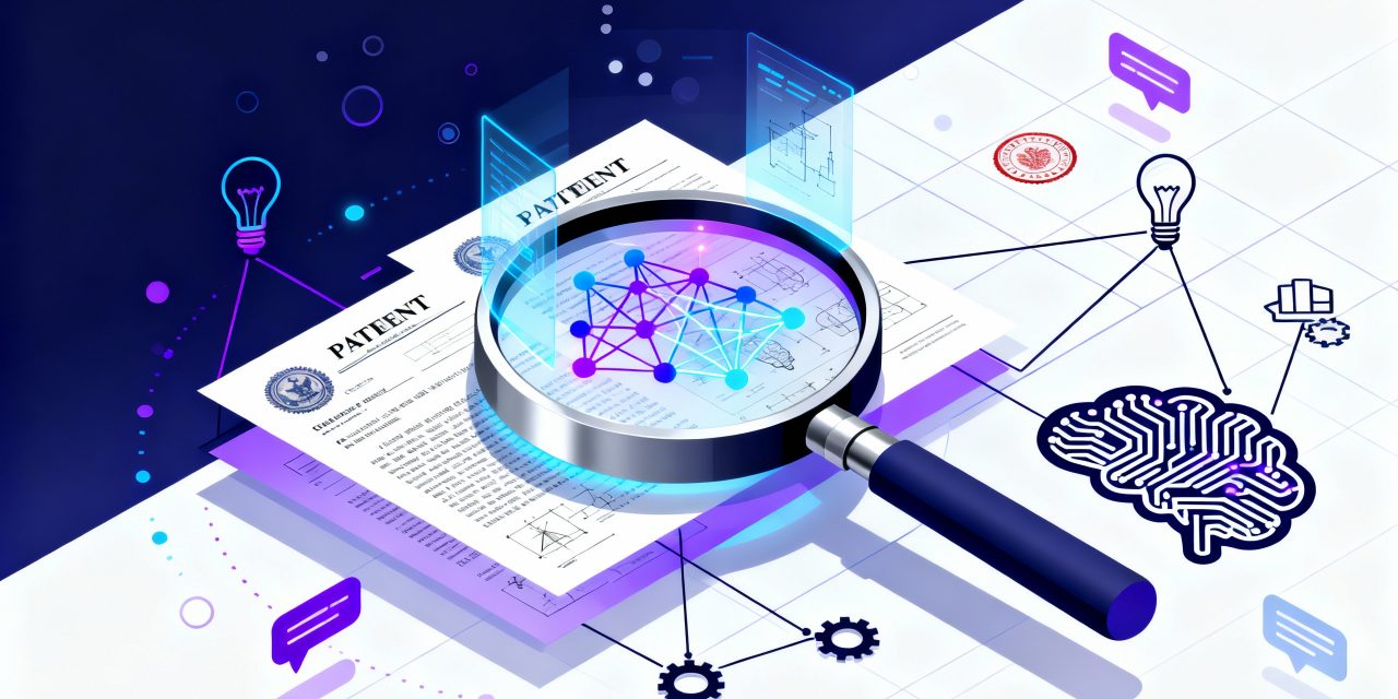 A sleek modern composition showing a large magnifying glass in the center examining floating holographic patent document sheets with official seals and technical diagrams, the magnifying glass lens reveals glowing neural network patterns and interconnected nodes in electric blue and purple hues transforming the complex legal text into simple illuminated search results, geometric lines connect scattered patent symbols including lightbulbs gears and official stamps to a central AI brain icon made of circuit patterns, the background features a gradient from deep navy to white with subtle grid lines suggesting digital space, floating abstract data particles and search query bubbles in natural language surround the main elements, minimalist flat design with isometric depth, sharp clean edges, professional color palette of cobalt blue electric purple silver and white, high contrast lighting emphasizing the transformation from traditional documents to AI-powered accessibility, no text visible, ultra-detailed vector style illustration conveying innovation intelligence and technological breakthrough in patent search.