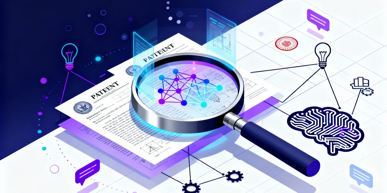 A sleek modern composition showing a large magnifying glass in the center examining floating holographic patent document sheets with official seals and technical diagrams, the magnifying glass lens reveals glowing neural network patterns and interconnected nodes in electric blue and purple hues transforming the complex legal text into simple illuminated search results, geometric lines connect scattered patent symbols including lightbulbs gears and official stamps to a central AI brain icon made of circuit patterns, the background features a gradient from deep navy to white with subtle grid lines suggesting digital space, floating abstract data particles and search query bubbles in natural language surround the main elements, minimalist flat design with isometric depth, sharp clean edges, professional color palette of cobalt blue electric purple silver and white, high contrast lighting emphasizing the transformation from traditional documents to AI-powered accessibility, no text visible, ultra-detailed vector style illustration conveying innovation intelligence and technological breakthrough in patent search.