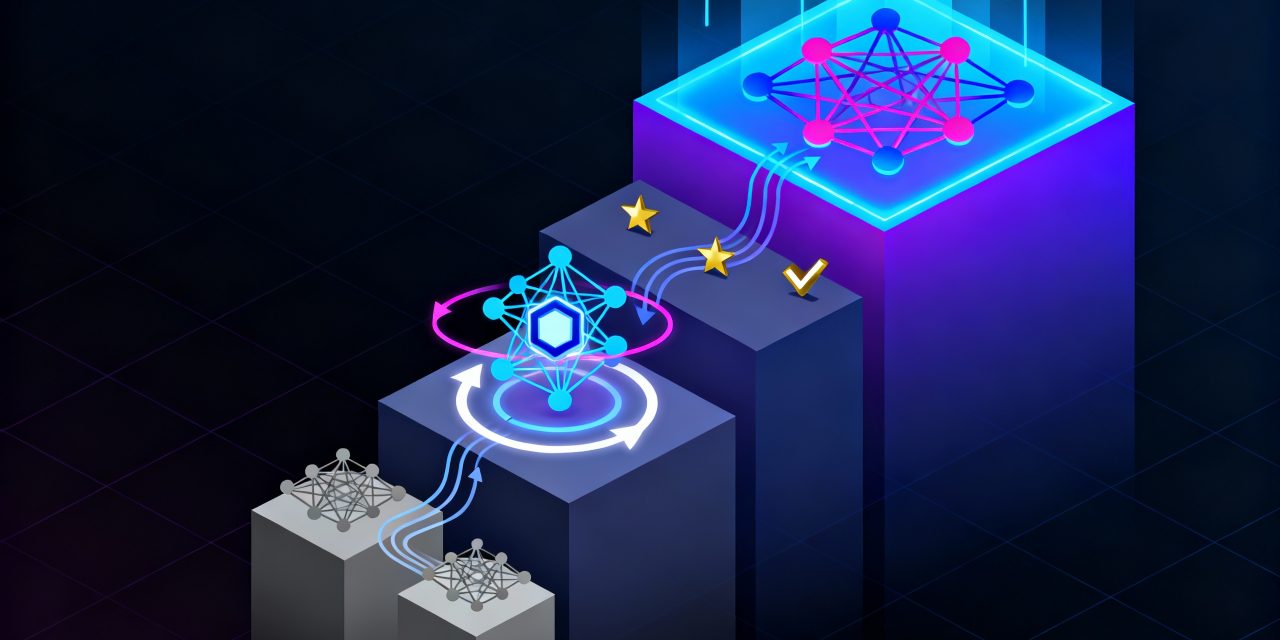 A sleek isometric illustration showing a stylized AI neural network node at the center with glowing circular feedback loops and arrows flowing around it in a continuous cycle, the network sits on ascending geometric platforms or steps that grow larger and more complex as they rise, each platform represents a scaling phase with the highest platform glowing brightest in electric blue and purple gradients, small golden star and checkmark symbols float along the feedback paths indicating rewards and successful learning iterations, the lower platforms show simpler smaller network structures in muted grays while upper platforms display intricate interconnected nodes in vibrant neon blues and magentas, the background features a dark gradient from deep navy to black with subtle grid lines suggesting digital space, geometric light rays emanate upward from the top platform creating a sense of breakthrough and advancement, the composition uses a low angle perspective making the scaling structure feel monumental and aspirational, modern tech aesthetic with clean lines sharp edges and a color palette of deep blues electric purples golden yellow accents and dark backgrounds, the overall feel is futuristic sophisticated and conveys exponential growth and evolutionary progress in artificial intelligence systems