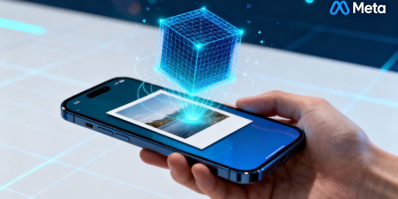 A sleek modern tech cover showing a smartphone held in frame displaying a single flat photograph on its screen, with a stunning three-dimensional holographic model dramatically emerging and floating above the phone, the 3D model rendered with subtle blue wireframe mesh overlay and glowing edges, the transformation from 2D to 3D clearly visible with geometric particles and light trails connecting the flat image to the volumetric model, Meta logo prominently displayed in the corner, color palette of Meta blue, cyan, white and deep navy gradients, futuristic atmosphere with soft ambient lighting and subtle lens flares, photorealistic smartphone and hand contrasted with high-tech holographic projection effects, clean minimalist background with subtle grid pattern suggesting digital space, professional product photography style merged with cutting-edge AR visualization, sharp focus on the transformation moment, cinematic lighting emphasizing the depth and dimensionality of the 3D output, ultra-detailed rendering showing the revolutionary nature of AI-powered 3D generation technology