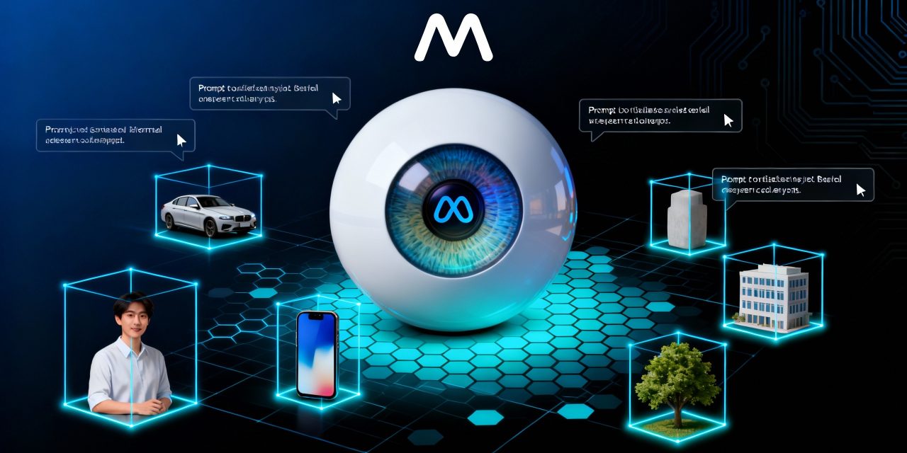 A sleek, modern tech cover showing a large stylized eye or camera lens in the center with the Meta logo integrated into the iris, surrounded by multiple everyday objects (person, car, phone, building, tree) each outlined with glowing neon blue segmentation lines and bounding boxes as if being analyzed by AI, digital scanning grid overlay with hexagonal patterns spreading across a dark navy blue to black gradient background, floating text prompt boxes with cursor indicators suggesting voice-to-vision commands, dramatic rim lighting creating a sense of omniscient surveillance, clean minimalist composition with the Meta 'M' symbol prominently displayed in the upper corner, high-tech atmosphere with subtle circuit board patterns in the background, photorealistic objects contrasted against abstract digital analysis overlays, cool color palette dominated by electric blue, cyan and white against deep blacks, suggesting both innovation and the slightly unsettling power of all-seeing AI technology, ultra-detailed rendering with sharp focus on segmentation boundaries, professional corporate tech aesthetic with an edge of digital dominance
