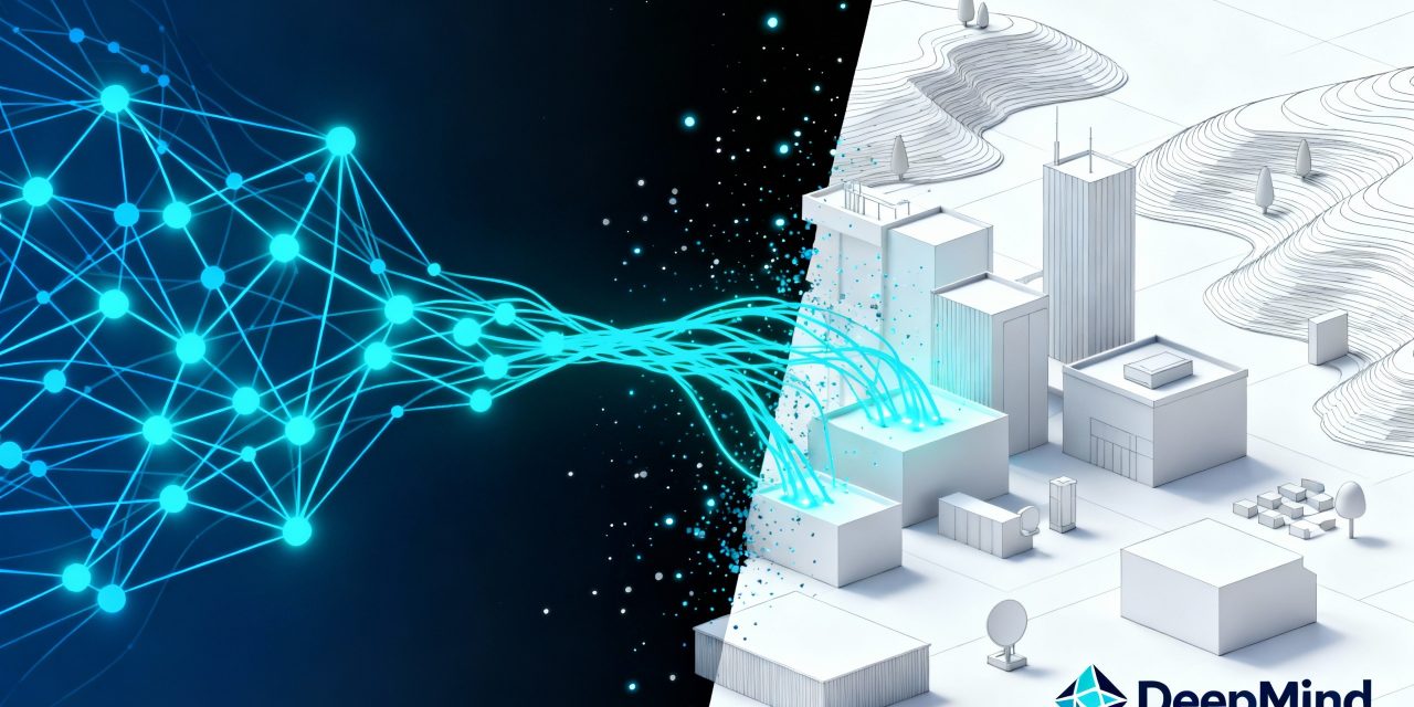 A sleek modern digital illustration showing a luminous neural network pattern in electric blue and cyan colors emerging from the left side, with glowing nodes and connections forming an abstract AI consciousness, reaching toward and interacting with a pristine white and light gray wireframe 3D environment on the right side featuring geometric buildings, terrain, and objects in isometric perspective, the neural network tendrils touching and illuminating parts of the 3D world causing them to glow with the same cyan energy, the DeepMind logo subtly integrated as a small geometric symbol in the corner, dark navy blue gradient background fading to deep space black, particles of light floating between the AI and the environment suggesting data transfer and learning, ultra-clean composition with sharp lines and smooth gradients, professional tech aesthetic with a sense of breakthrough innovation, the 3D world partially dissolving into digital particles where the AI touches it showing transformation and understanding, dramatic side lighting creating depth, photorealistic rendering quality with a futuristic minimalist style, 16:9 aspect ratio optimized for article cover.