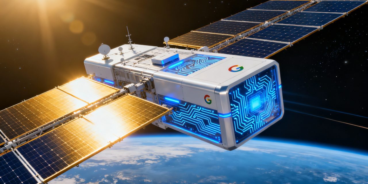 A sleek orbital satellite data center floating in space above Earth's curved horizon, massive geometric solar panel arrays extending outward catching brilliant golden sunlight, the structure features a modern modular design with glowing blue circuit-like patterns suggesting AI processing power, Earth's atmosphere creates a luminous blue gradient below, the satellite has a clean white and metallic silver finish with subtle accents in Google's signature colors integrated into panel edges and connection points, dramatic rim lighting from the sun creates sharp highlights along the solar panels, small communication dishes and antenna arrays dot the structure, the background shows the deep black of space with distant stars, the composition is shot from a dynamic three-quarter angle emphasizing the scale and ambition of the infrastructure, photorealistic rendering with a polished editorial tech illustration style, ultra-detailed solar cells visible on panels, soft blue glow emanating from data processing modules, thin wisps of Earth's upper atmosphere visible, the overall mood is futuristic and ambitious suggesting technological advancement and innovation, high contrast lighting between the sun-facing brilliant gold and shadow-side deep blues, minimal but impactful design that immediately communicates space-based AI infrastructure powered by solar energy.