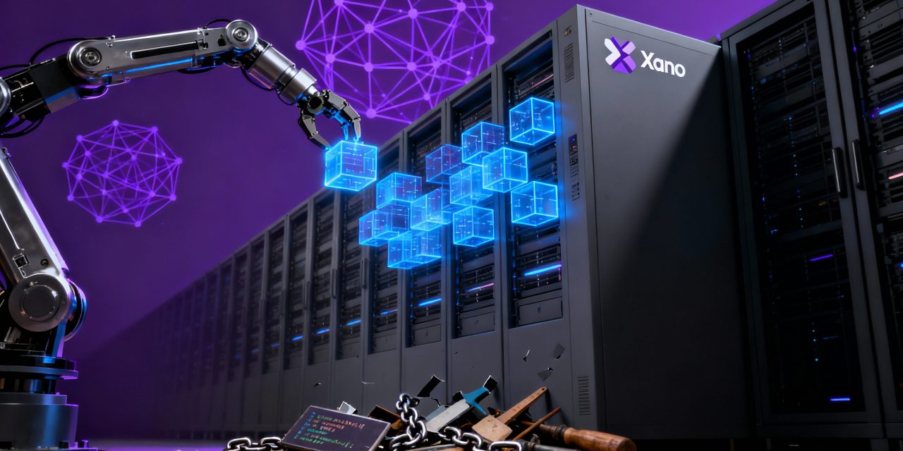 Hypermodern tech scene showing a sleek, metallic robotic arm assembling glowing blue digital building blocks into a pristine backend architecture, photographisch style, dramatic lighting with purple AI-neural network patterns floating in background, corporate gray server racks fade into shadows, broken chains and scattered traditional coding tools lie discarded below, low angle view creating imposing perspective, clean minimal composition with strong depth, ultra-detailed 32k rendering, dark tech atmosphere with accent lighting, symbolic digital transformation, sharp contrast between old and new development methods, Xano logo subtly integrated into the architecture