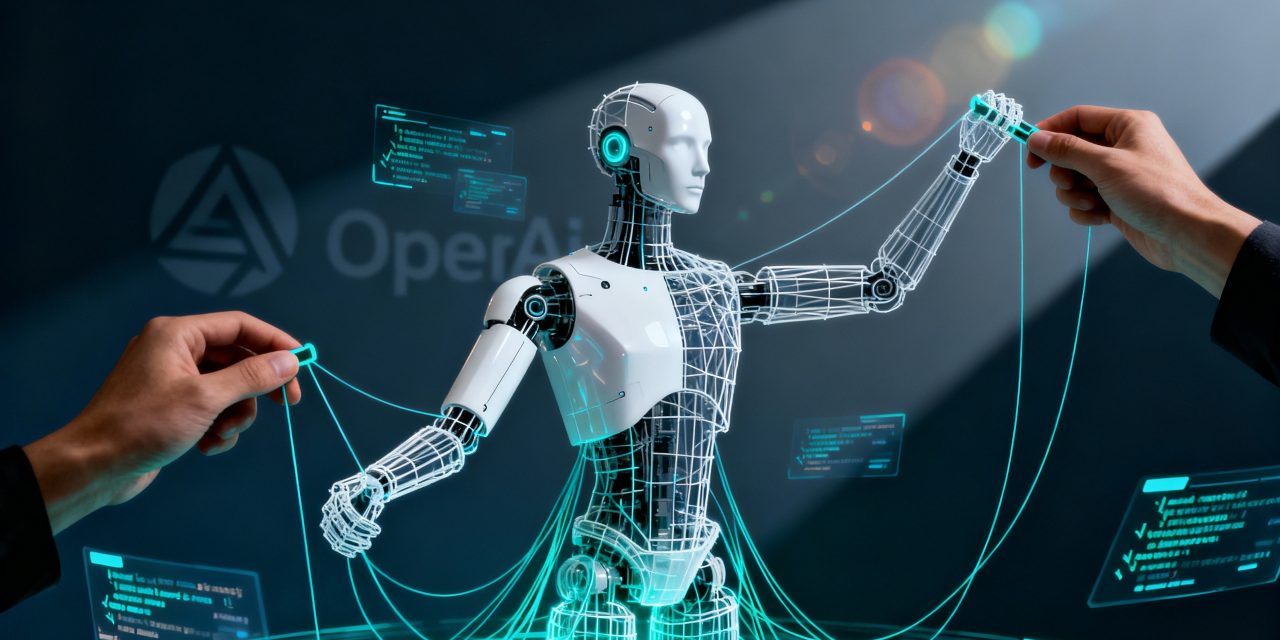 A dramatic, high-tech scene showing a partially transparent, wireframe robotic figure being assembled or emerging from lines of glowing code, with human hands pulling digital strings or manipulation handles connected to the figure, photorealistic style, dark blue-gray background with teal accents, the OpenAI logo subtly visible in the background, sharp contrast lighting creating dramatic shadows, clean minimal design, the robot figure has a mix of completed sections showing sleek white surfaces and unfinished wireframe parts, floating holographic UI elements and code fragments surrounding the scene, ultra-detailed 8k render, corporate tech aesthetic, subtle lens flare effects