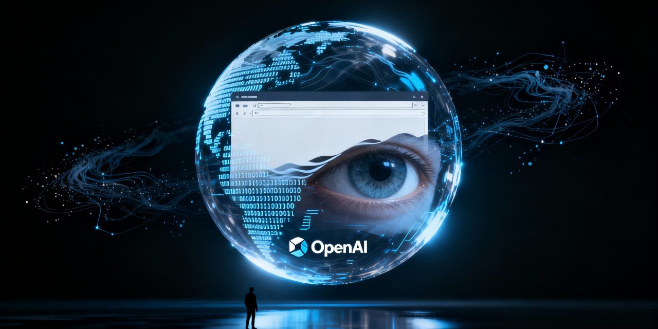 A sleek, dark technological scene showing a translucent digital globe made of flowing data and binary code, floating in a stark space, with the distinctive OpenAI logo subtly reflected. The globe is partially transformed into a browser window interface, with clean minimal lines. A large, watchful AI eye is partially visible through the globe's surface, suggesting surveillance. Dramatic rim lighting creates an ethereal glow around the globe's edges. The composition includes abstract digital particles and network connections flowing around the sphere. Hyper-realistic rendering, corporate tech aesthetic, with a color palette of deep blues, blacks, and glowing white accents. Small human silhouettes are dwarfed by the massive digital sphere, suggesting scale and power dynamics. Sharp contrasts between light and shadow create an atmosphere of both innovation and unease. Photorealistic, ultra-detailed, fotografisch, met logo van OpenAI.