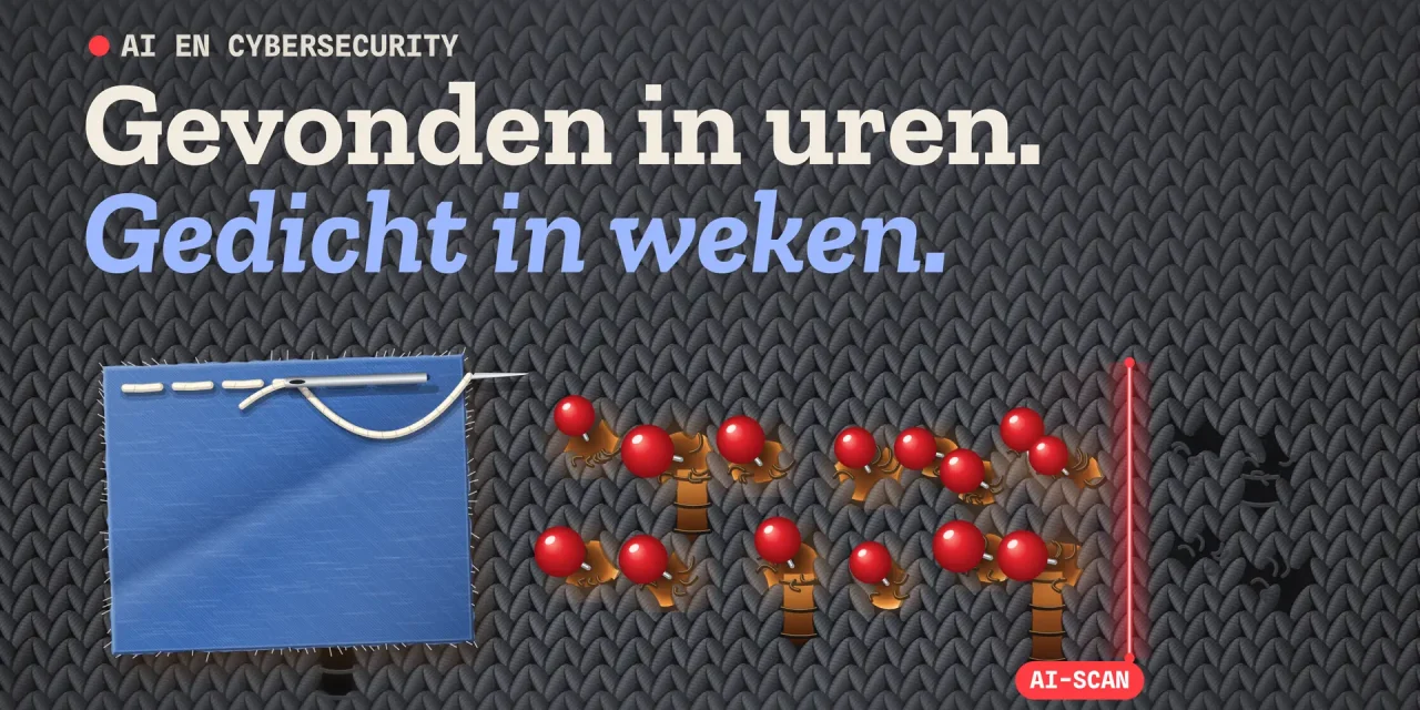 Donker breisel met gaten waar licht door valt, elk gemarkeerd met een rode speld; links zet één naald traag een jeansen lap.
