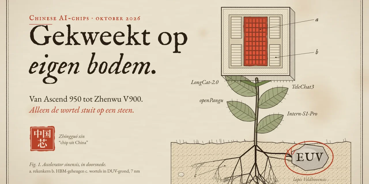 Botanische plaat van een AI-chip die als plant uit Chinese grond groeit, met een wortel die stuit op een steen met EUV erop