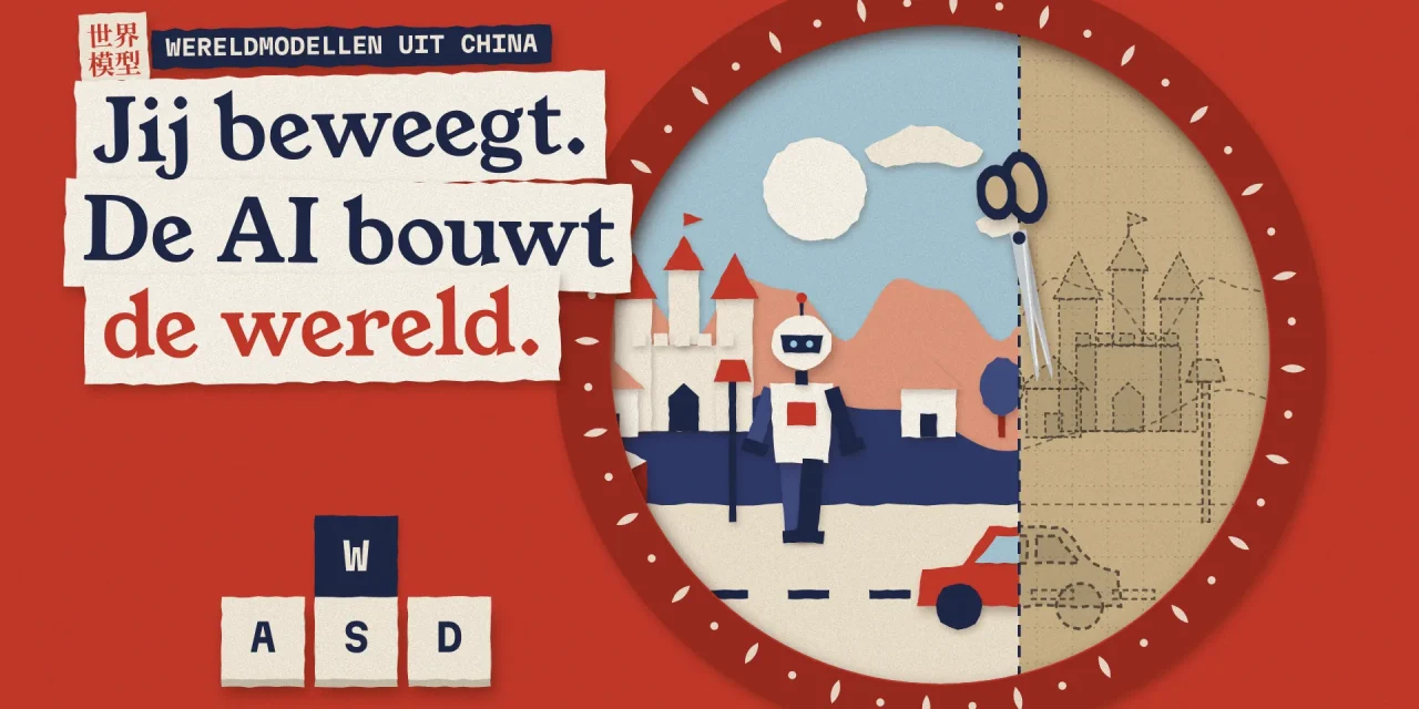 Papiercollage: rond venster in rood papier met een geknipte wereld met kasteel, robot en auto, rechts nog een potloodschets op karton waar een schaar de volgende stap knipt, naast WASD-toetsen
