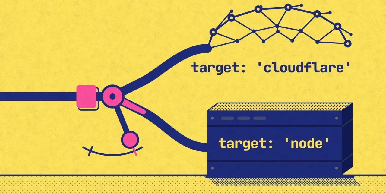 Een spoor splitst bij een wissel: omhoog naar een netwerk met target: 'cloudflare', omlaag naar een zware server met target: 'node'.