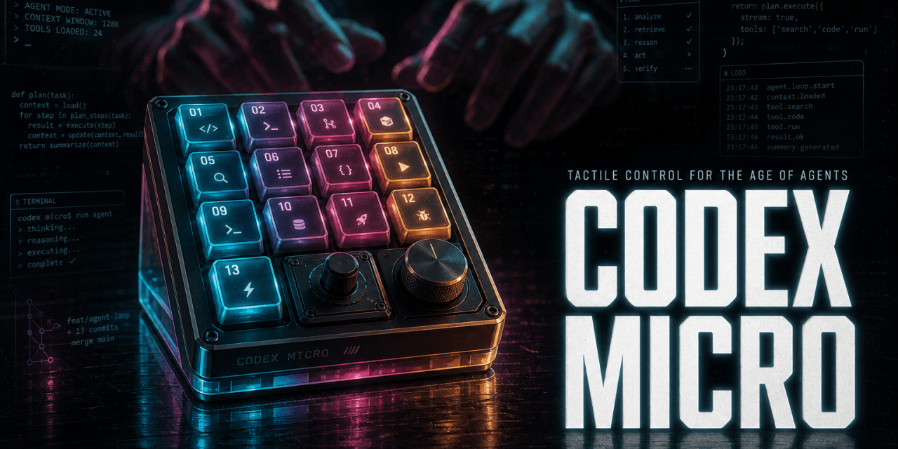 Codex Micro mechanical macropad with backlit keys, joystick, and dial; ghostly code and blurred hands in a dark, neon-lined b