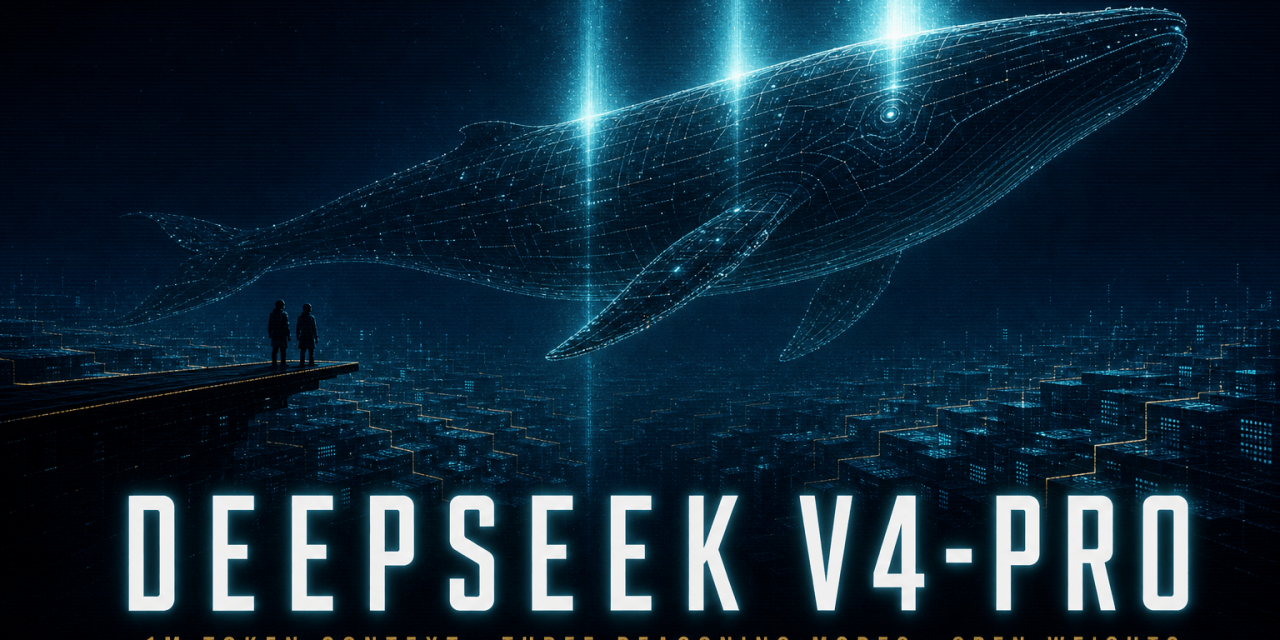 Glowing circuit-lattice whale silhouette glides above turquoise data grid beneath cyan title text reading DeepSeek V4-Pro.