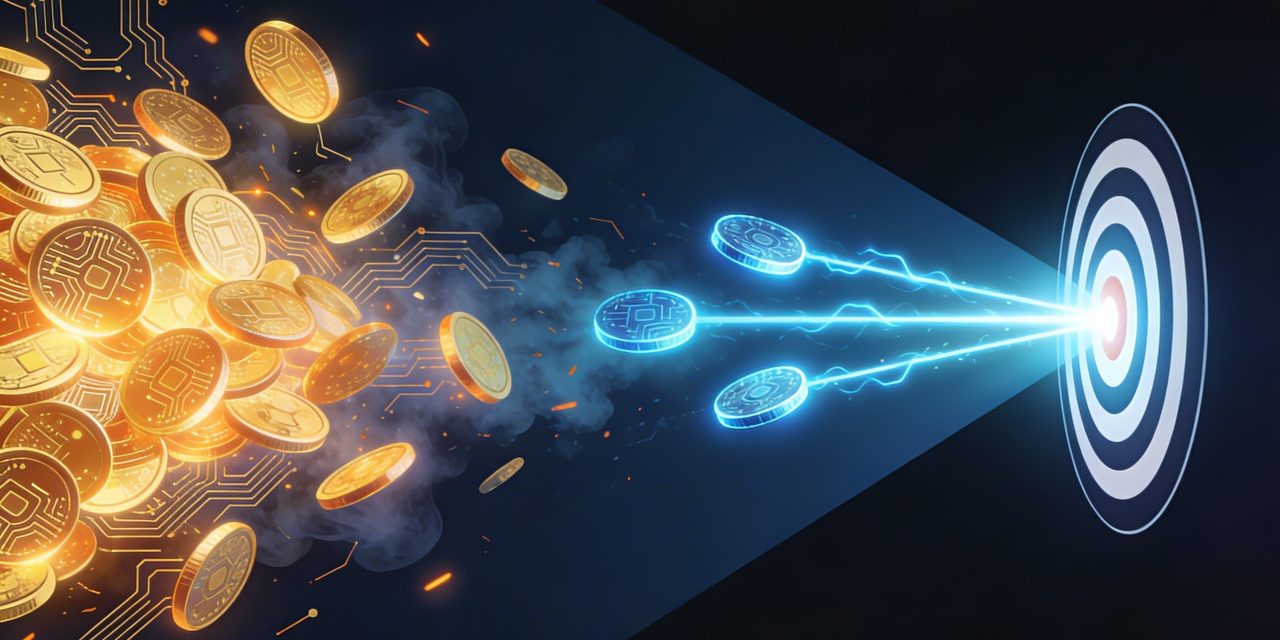 A bold editorial illustration in landscape format with a dark navy background. The composition is split diagonally — on the left side, an overflowing chaotic pile of glowing golden coin-like tokens with AI circuit patterns spill out in all directions, dissolving into smoke and wasted light, symbolizing excess and inefficiency. On the right side, a single precise beam of three glowing electric-blue tokens travels in a clean straight line and strikes a bright bullseye target, emitting a sharp burst of light, symbolizing smart efficiency and real value. The contrast between chaos and precision is stark and dramatic. The color palette uses deep navy blue, electric cyan, warm gold, and burnt orange accents. The overall aesthetic is modern, slightly cyberpunk editorial illustration with clean vector-style rendering and subtle glowing light effects. The composition is wide and cinematic, optimized for 16:9 format, with no text.