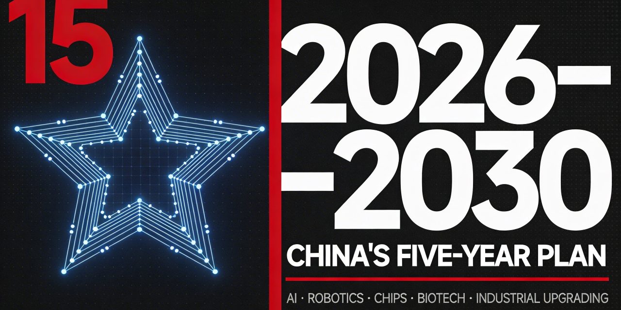 A world-class horizontal 16:9 graphic design poster cover in a Swiss modernist meets constructivist style, designed for a blogpost about China's 15th Five-Year Plan (2026–2030). The composition is split into two strong zones on a near-black charcoal background. On the left third of the image, a large geometric five-pointed star is rendered entirely in fine circuit-board trace lines and modular grid dots — glowing faintly in cool electric blue against the dark field — symbolizing China's state-planned technological ambition. A bold vertical crimson red (#C0001A) block runs as a narrow separator between left and right zones. The right two-thirds of the composition is dominated by oversized ultra-condensed white sans-serif numerals "2026–2030" stacked in massive scale, slightly cropped at the top and bottom edges, creating a typographic monument that fills the vertical space. Beneath the numerals, in tight stacked condensed all-caps white type at medium size: "CHINA'S FIVE-YEAR PLAN". Below that, a thin crimson horizontal rule, then a single row of small label-style uppercase metadata text in light gray: "AI · ROBOTICS · CHIPS · BIOTECH · INDUSTRIAL UPGRADING". In the upper-left corner above the star, the bold cropped numeral "15" in crimson red at large scale anchors the top edge. A subtle halftone grain texture overlays the entire composition giving it a high-end print quality reminiscent of offset or risograph production. The overall palette is deep charcoal, Chinese red, cool white, and electric blue accent. The design feels precise, strategic, and inevitable — a typographic editorial poster of controlled state-scale ambition, visually clean, hierarchically sharp, and immediately legible even at thumbnail size.