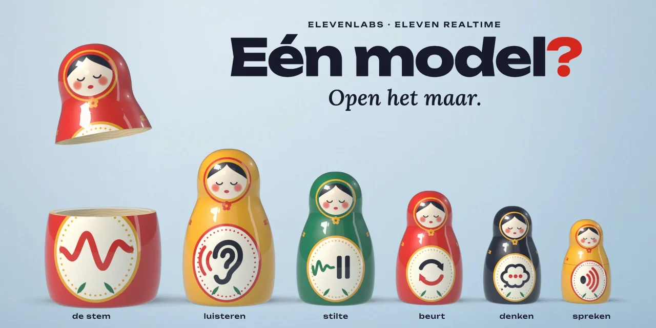 Matroesjka die opengaat: uit de rode pop 'de stem' komen vijf poppen voor luisteren, stilte, beurt, denken en spreken