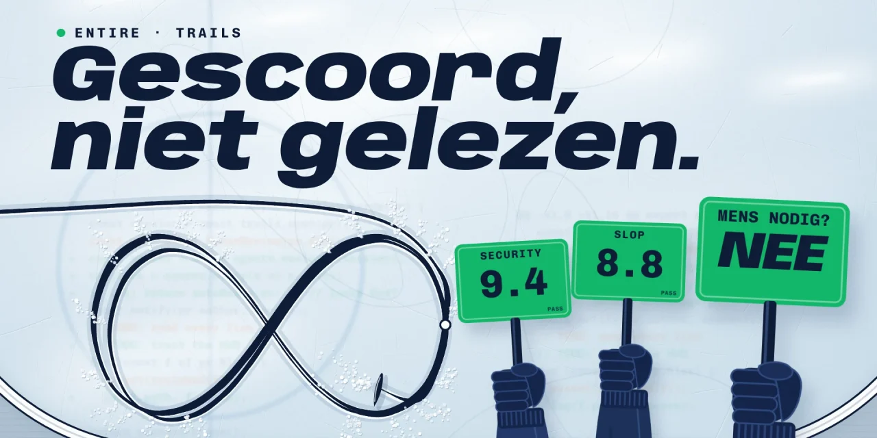 Schaatsspoor in de vorm van een acht op ijs, drie gehandschoende armen heffen scorebordjes: Security 9.4, Slop 8.8 en Mens nodig? Nee.