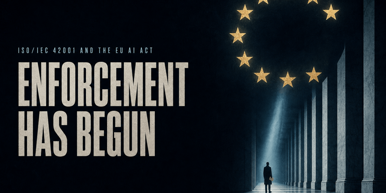 Poster with a broken ring of European stars, a marble corridor, a tiny figure with a folder, and the title 'ENFORCEMENT HAS B