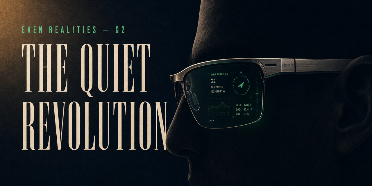 Titanium smart glasses float in shadow against dark neo-noir background, emerald HUD glowing in lenses, bold 'The Quiet Revol