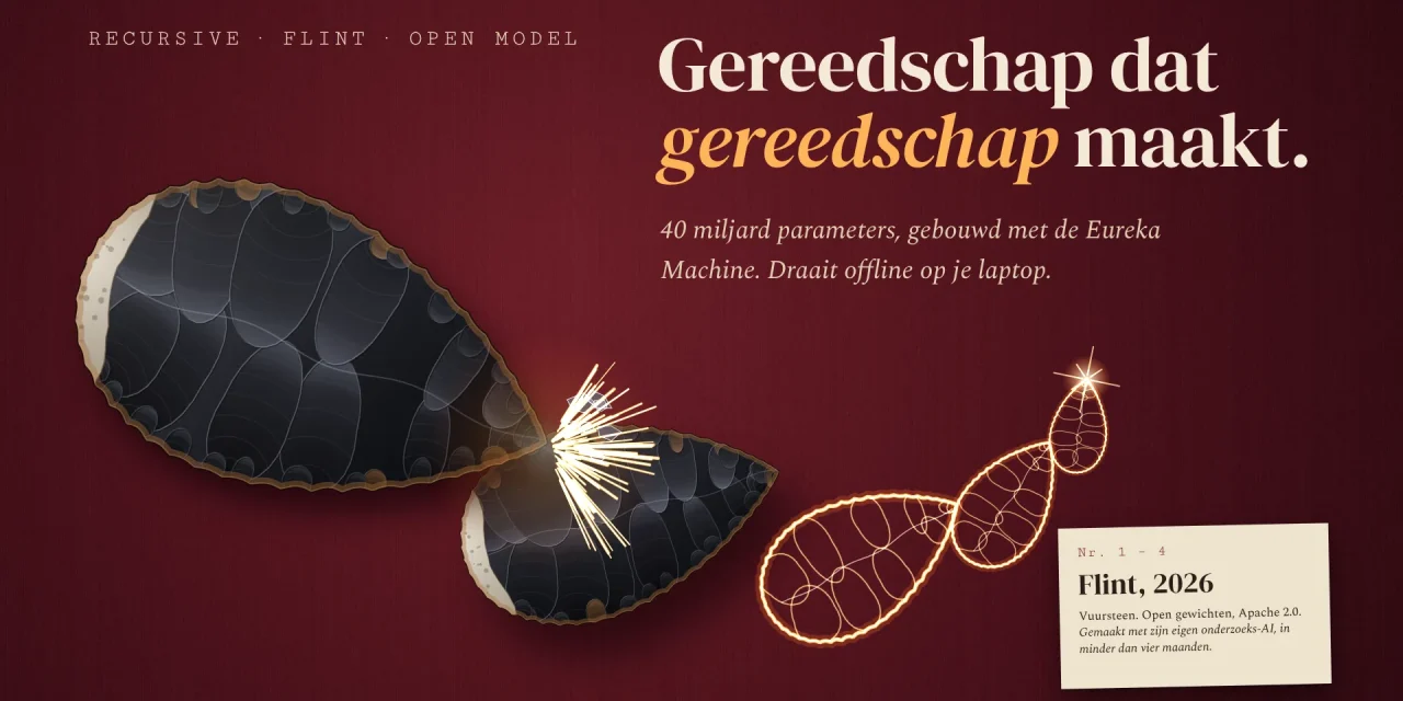 Vuistbijl van vuursteen slaat vonken uit een kleinere vuistbijl; de vonken tekenen drie kleinere kopieën in gloeiend licht