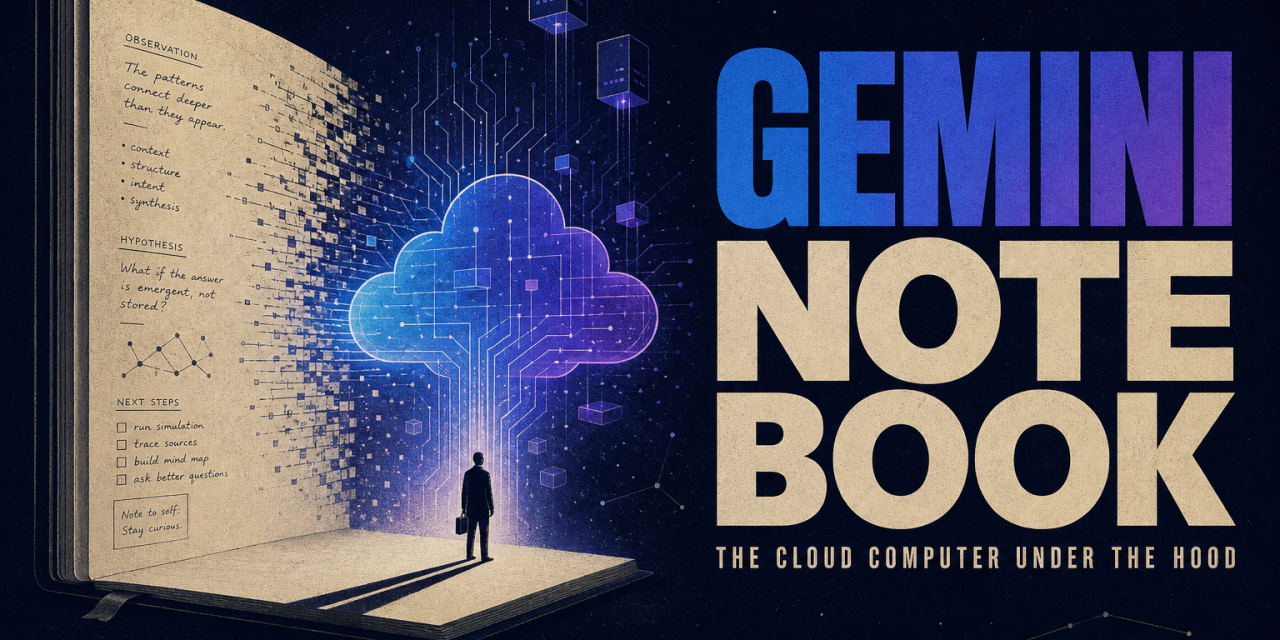 Open notebook with circuit-board pages and a glowing cloud icon, tiny researcher at base, title 'GEMINI NOTEBOOK' on right.