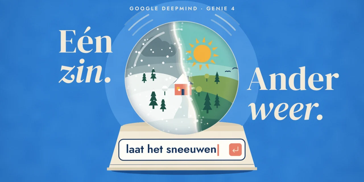 Sneeuwbol met een huisje: links sneeuwt het al, rechts schijnt nog de zon. Op de voet is getypt: laat het sneeuwen.