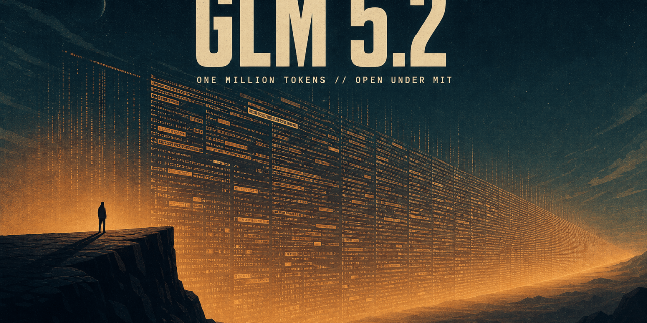 Tiny developer silhouette on cliff facing towering glowing code monolith; 'GLM 5.2' title and 'ONE MILLION TOKENS' subtitle o
