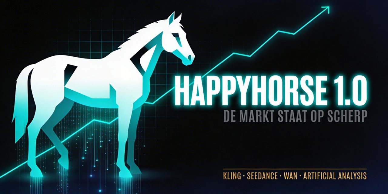 Geometrisch paardensilhouet in wit-teal verloop, met data- en grafieklijnen op een donkere achtergrond, rechts een titel in s