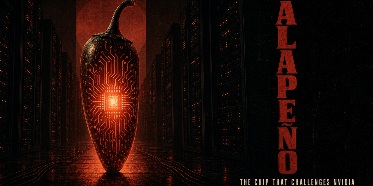 Glowing jalapeño pepper designed as an AI inference chip, etched with circuits, set against dark server racks in cinematic li
