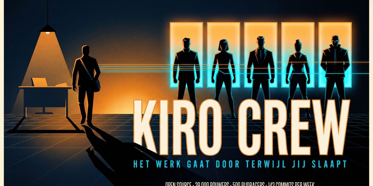 Neon-noir silhouetposter met een wandelende figuur en vijf AI-agent silhouetten, met de titel KIRO CREW.