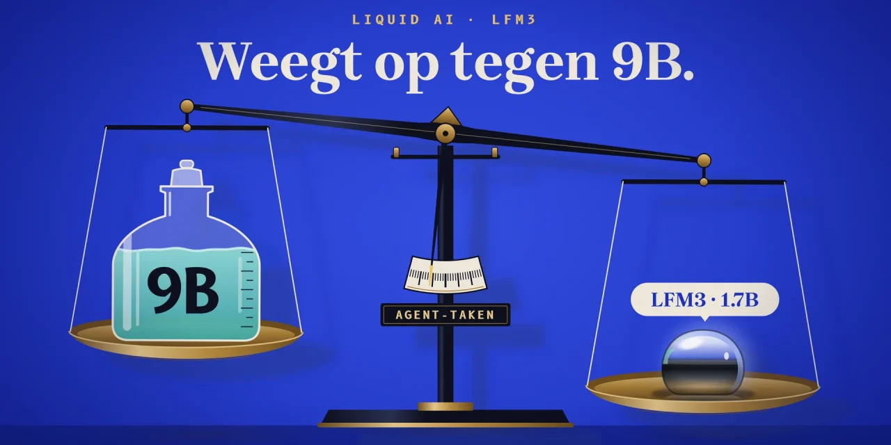 Weegschaal waarop een piepkleine druppel vloeibaar metaal (LFM3 · 1.7B) zwaarder weegt dan een grote fles met 9B.
