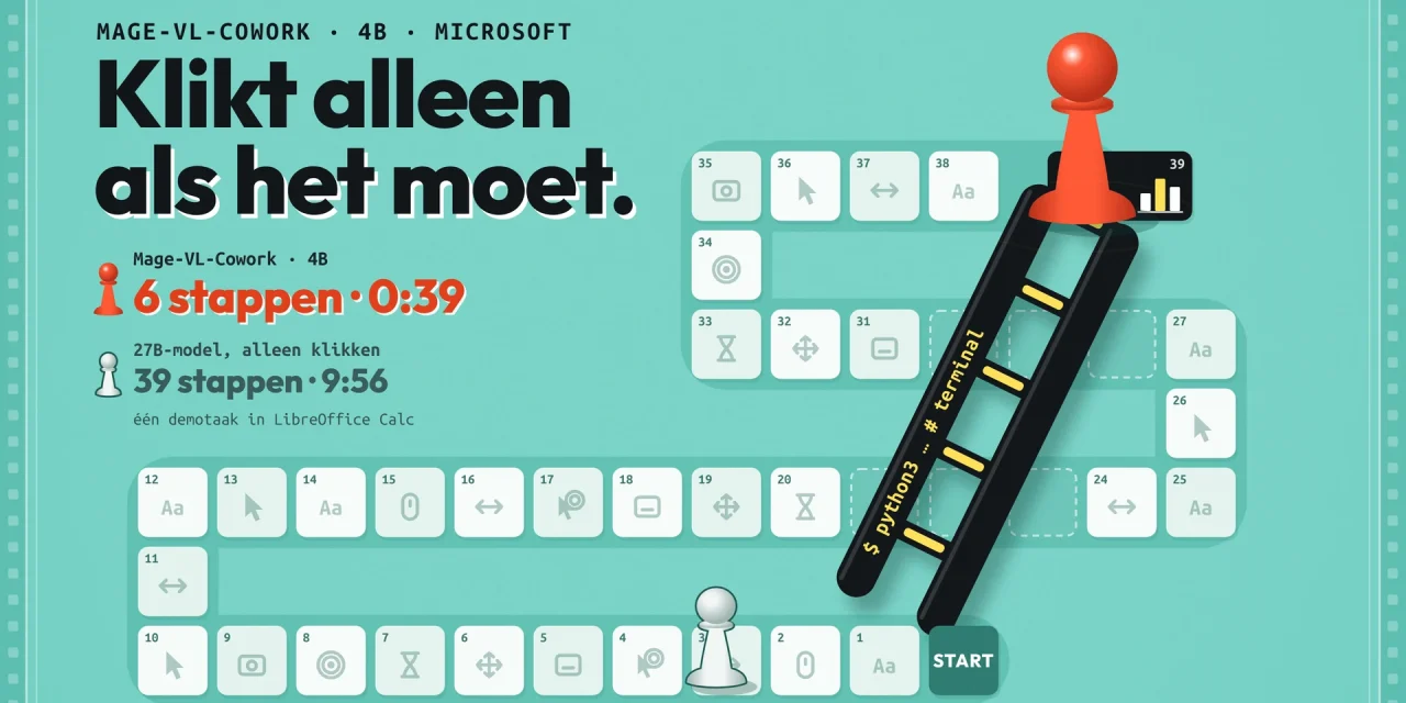Ganzenbord met 39 klikvakjes: een rode pion neemt een zwarte terminal-ladder van start naar het eindvak, een grijze pion loopt het hele bord