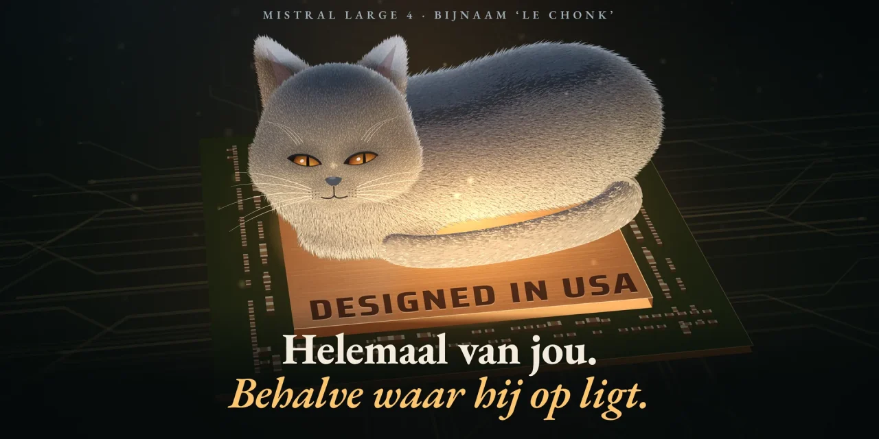 Dikke grijze kat ligt op een warme, gloeiende computerchip met de opdruk 'Designed in USA' en kijkt sceptisch op