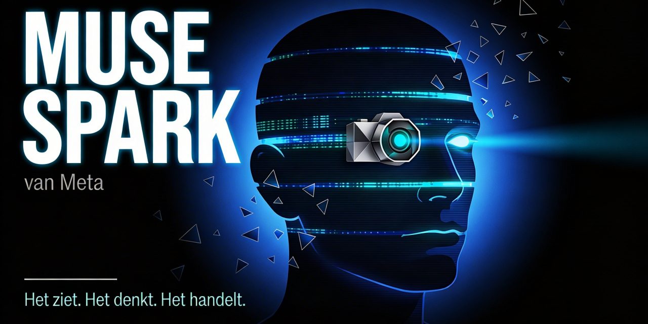 Artistieke weergave van het Muse Spark AI-model als een hoofd met parallelle dataverwerking en visuele analyse.