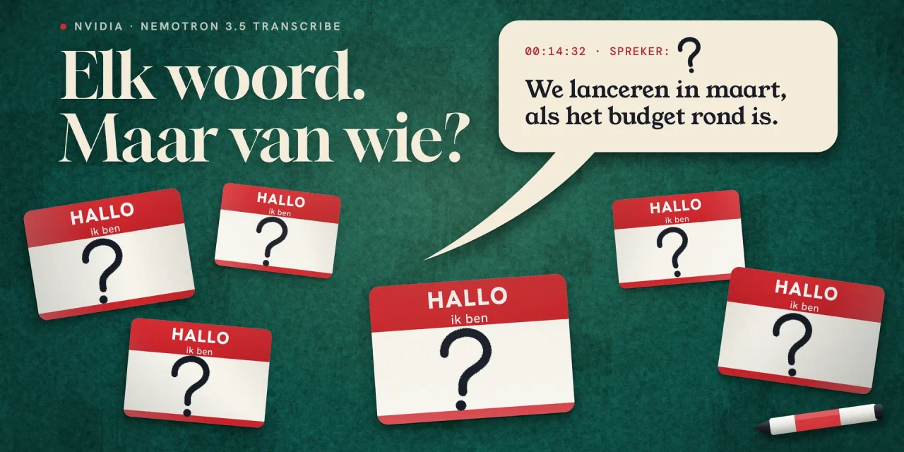 Zes lege naamstickers met een groot vraagteken op groen vilt onder een tekstballon met een perfect uitgeschreven Nederlandse zin