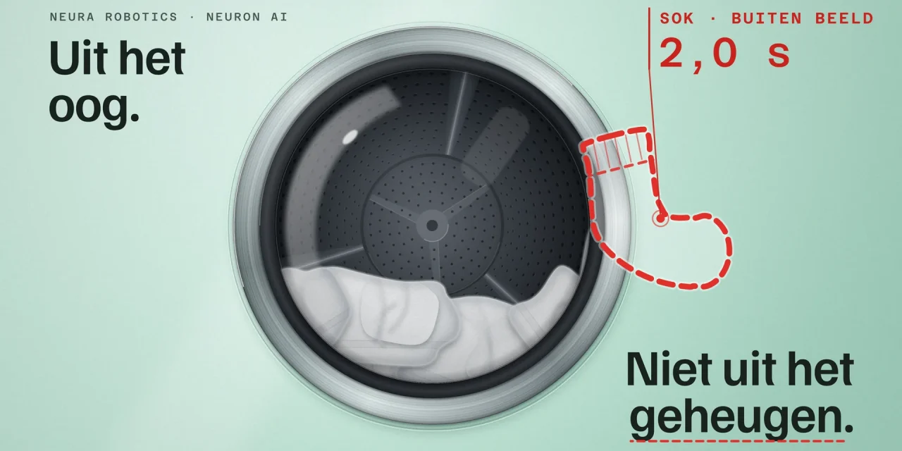 Mintgroene wasmachine met grote patrijspoort, een rode sok buiten beeld als gestippelde omtrek en de kop Uit het oog. Niet uit het geheugen.