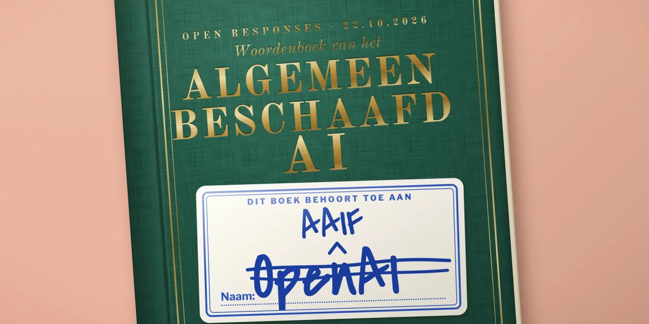 Groen linnen woordenboek "Algemeen Beschaafd AI" met een schoollabel waarop OpenAI is doorgestreept en AAIF erboven staat