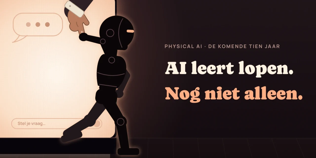 Een kleine robot stapt wankel uit een chatscherm de echte wereld in en houdt de vinger van een mens vast.