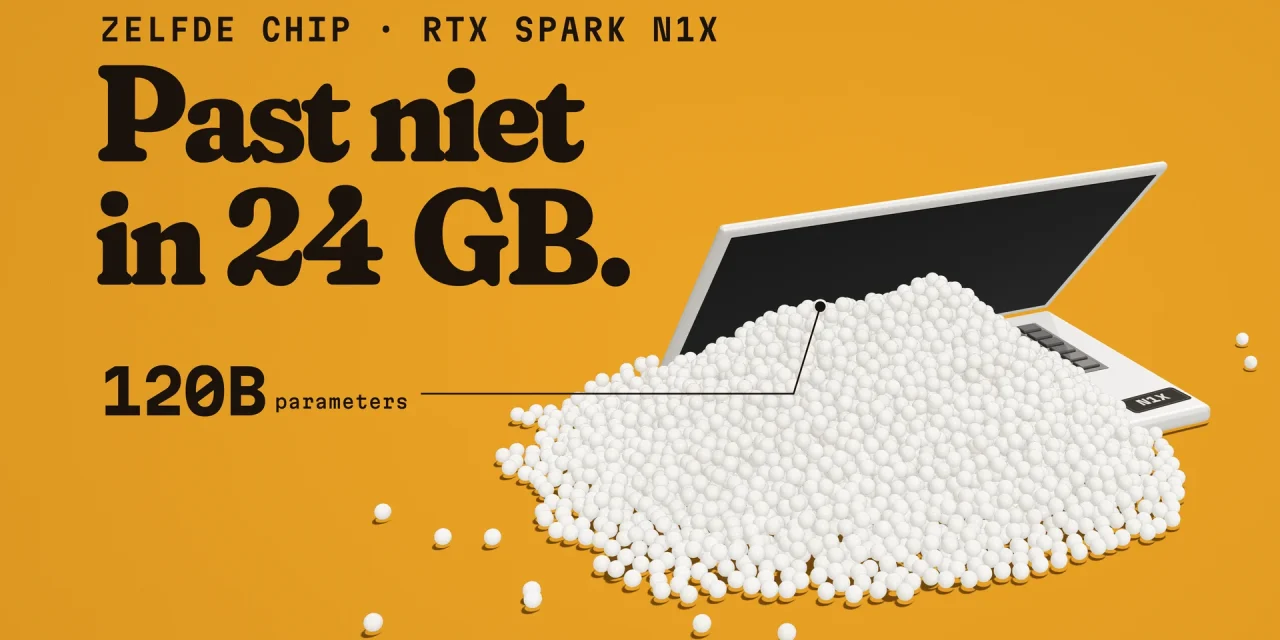 Witte laptop op saffraangeel die overloopt van een berg witte parels, label 120B parameters, kop Past niet in 24 GB.